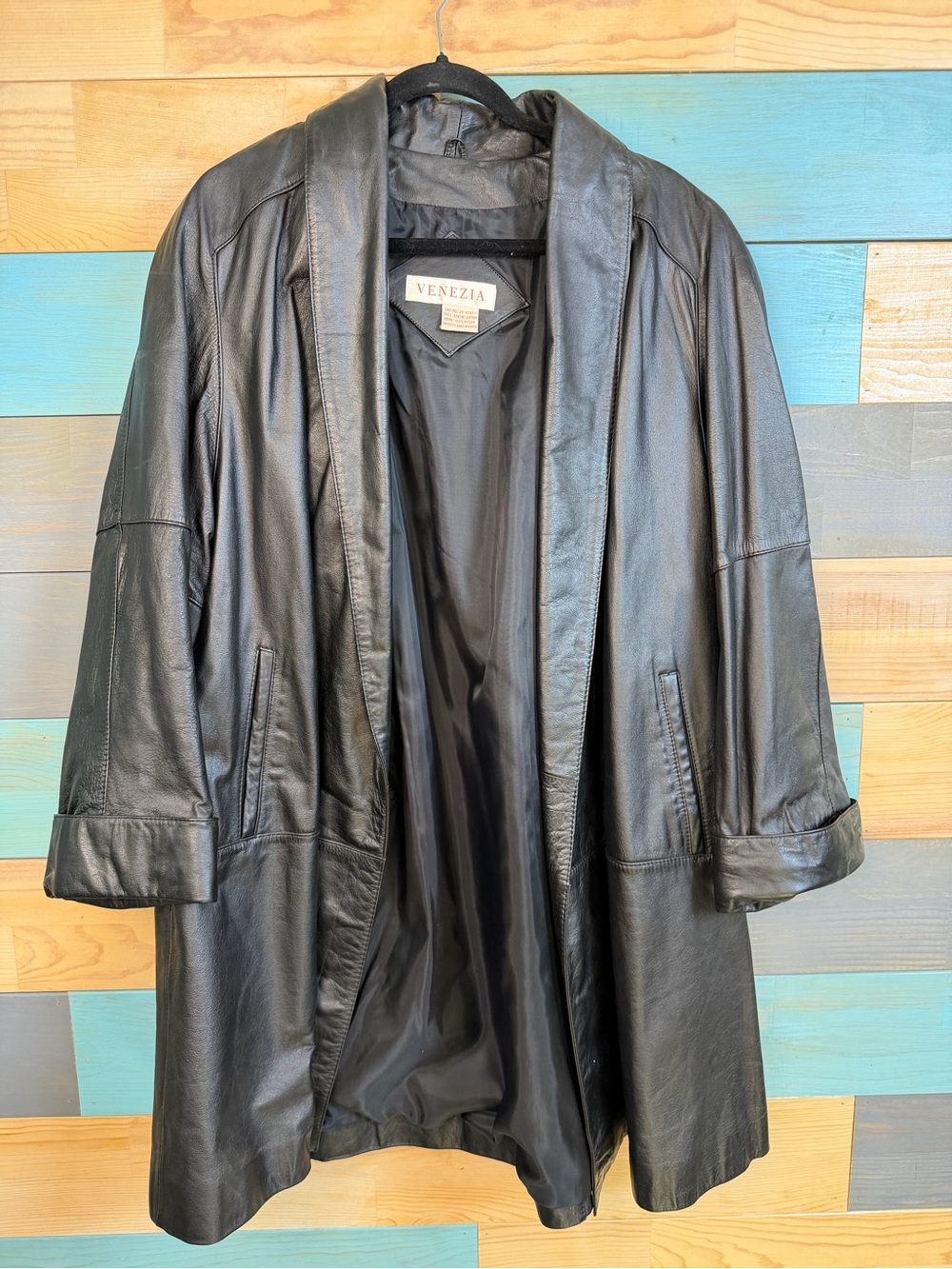 Vintage Venezia Black Leather Trench Coat Open Front Classic Outwear